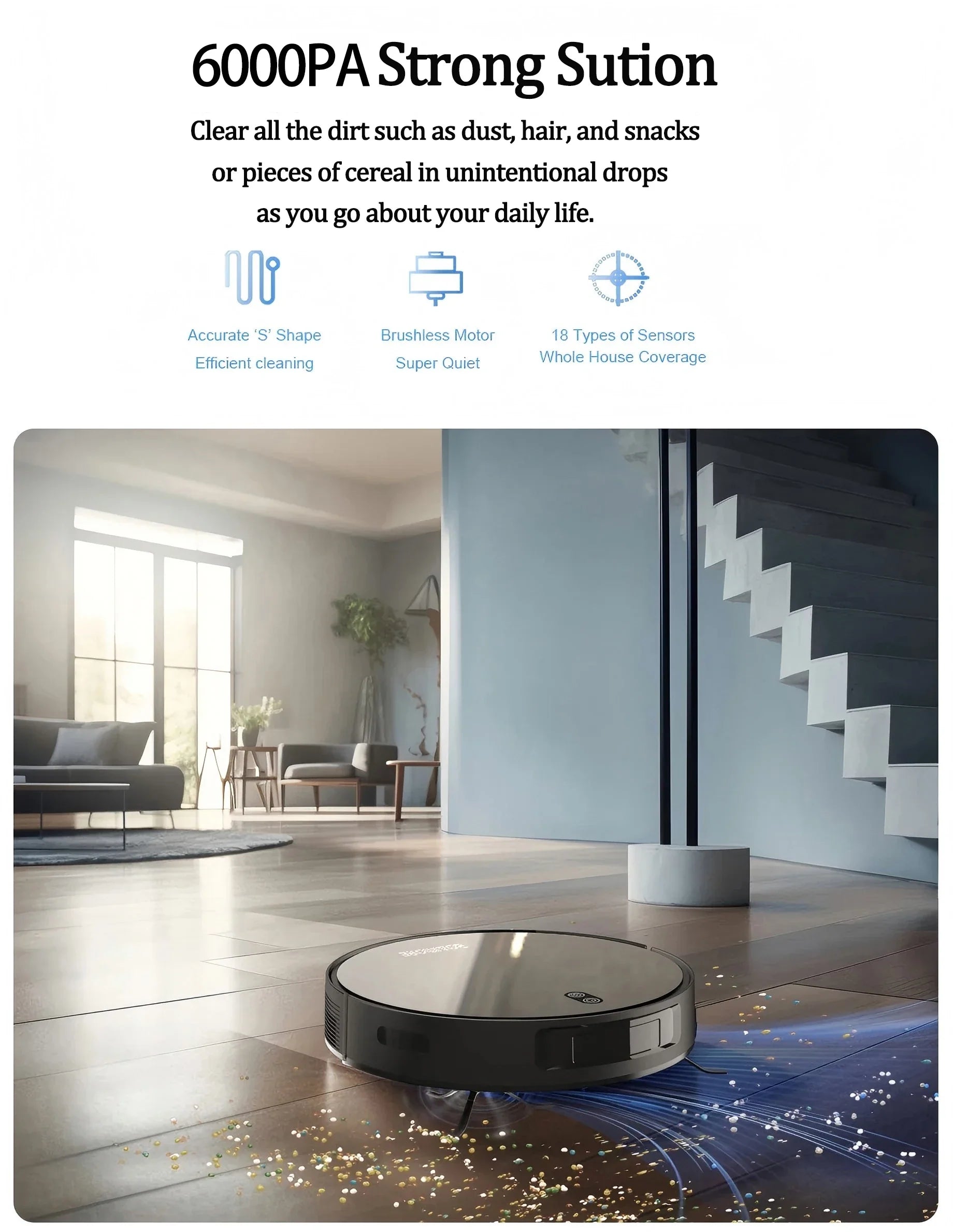 Robot Vacuum Cleaner Combo and Mop 6000PA Strong Suction Robotic App& Remote Control Self-Charging Smart Mapping for Pet Hair