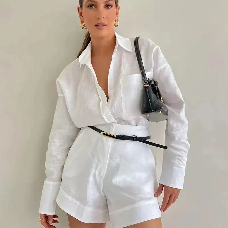 Cotton Linen Shirt & High-Waist Shorts Set