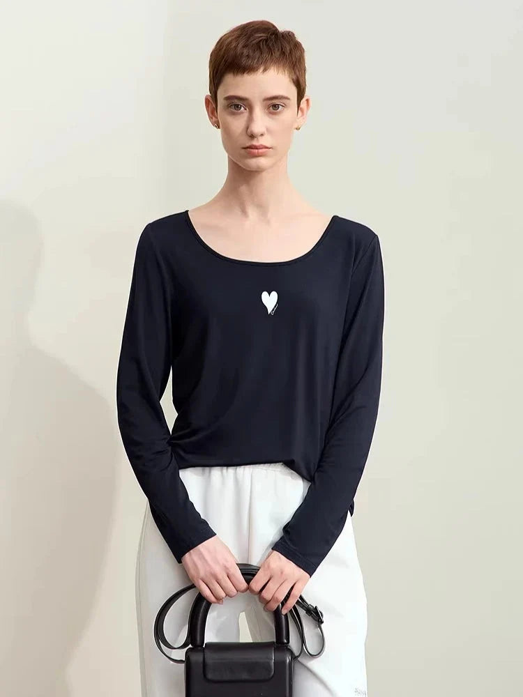 U-Neck Contrast Print Tee Long Sleeve Cotton Basic