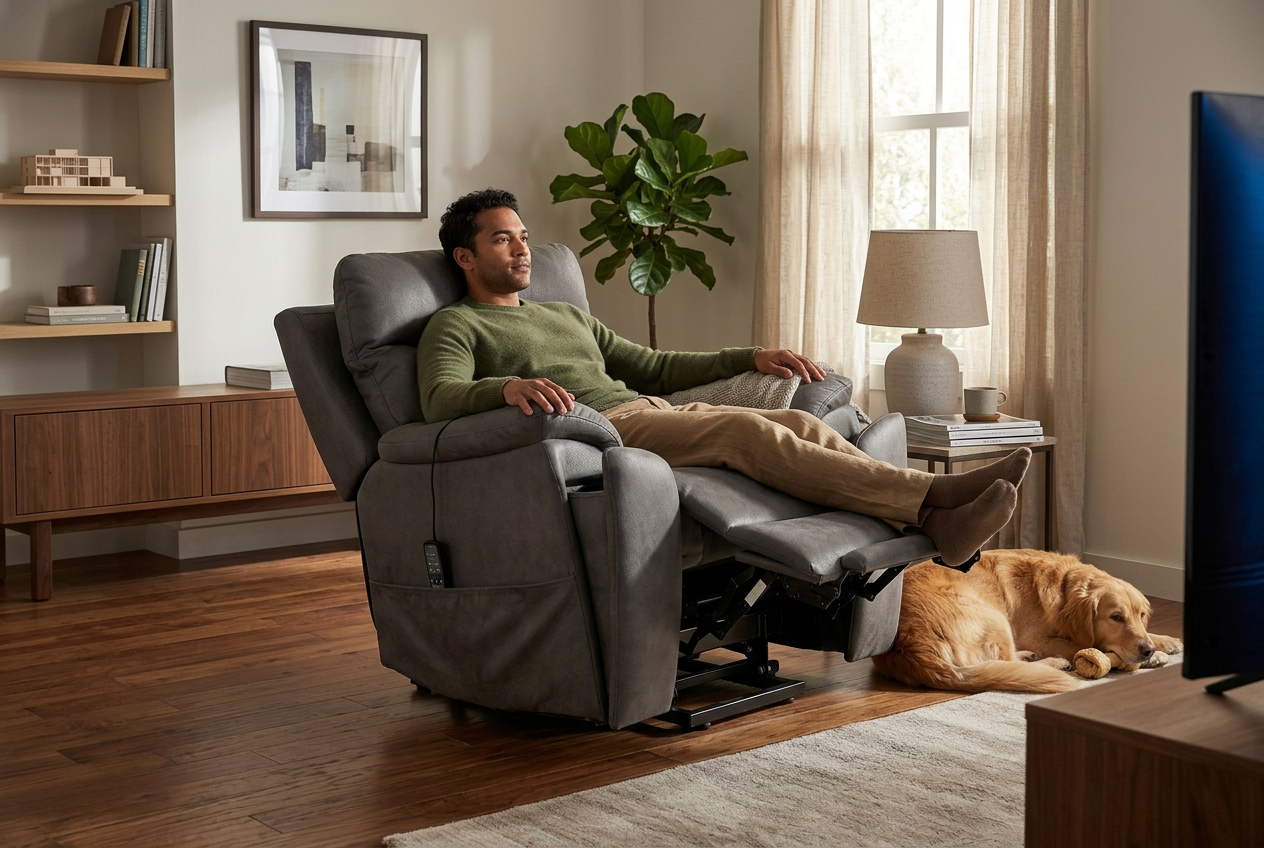 Serenity Slate Grey Ultra Infinite Position Lift Chair with Power Headrest, Heat, Massage & Wireless Charging
