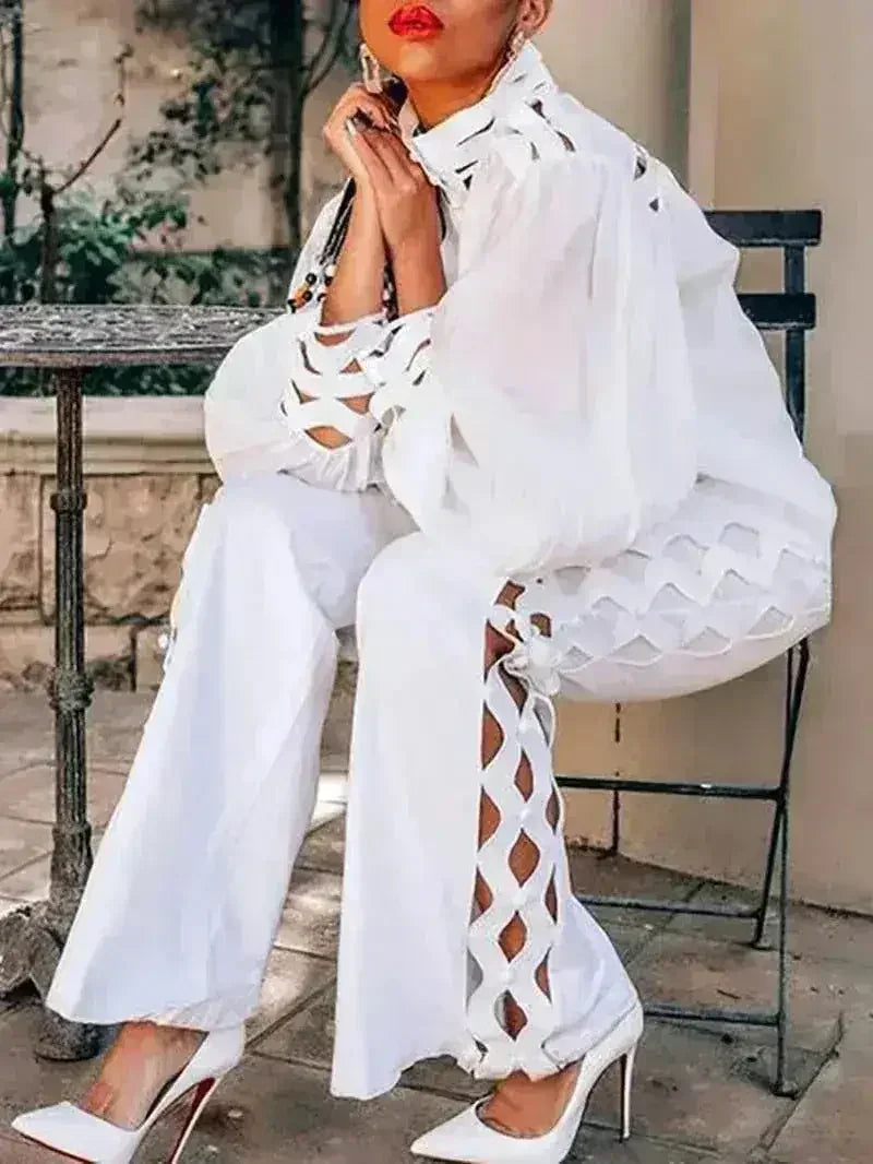 Two Piece Pants Sets Sexy Hollow Out Women Autumn Clothing Stand