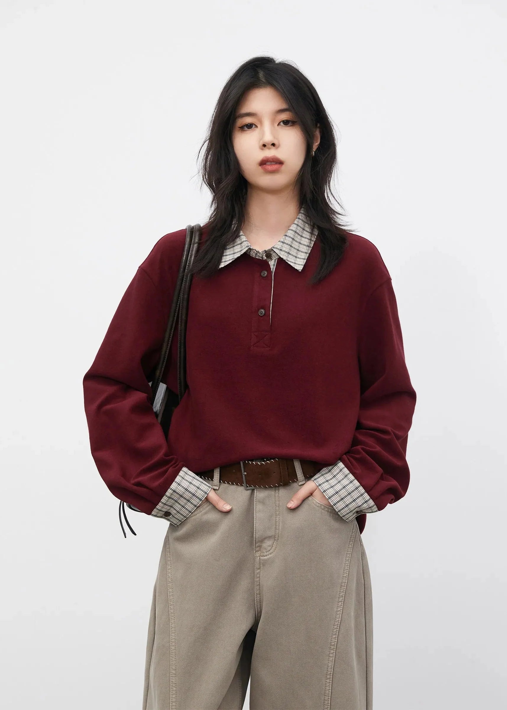 Color Block Plaid T-Shirt Loose Casual Long Sleeve