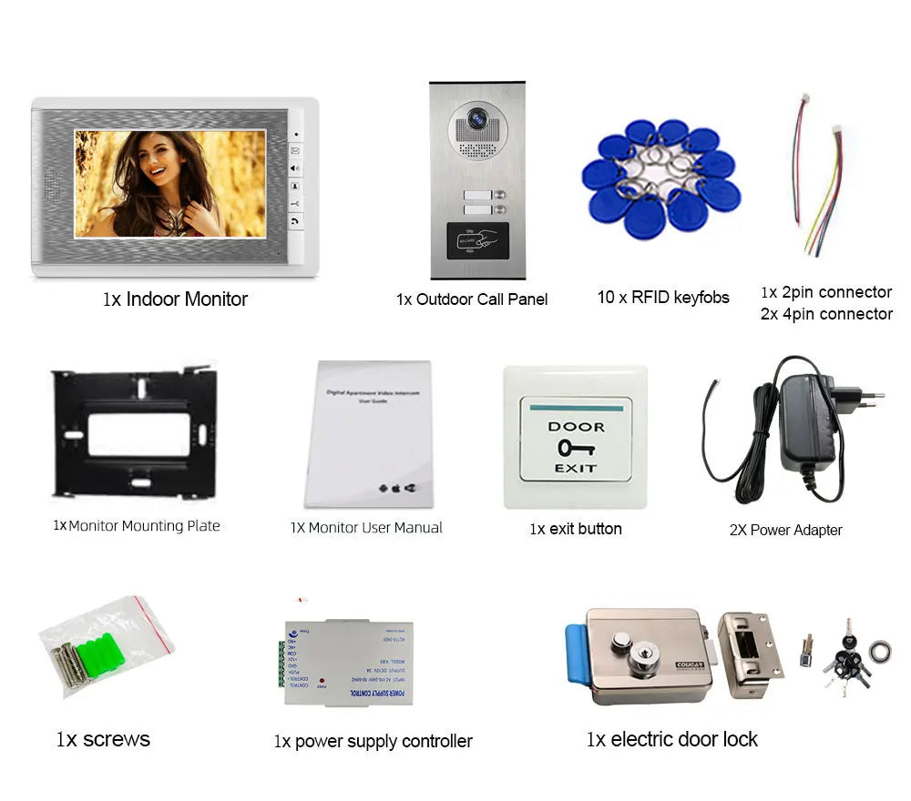 7 Inch Color Video Door Phone doorbell RFID Access Control Camera System for 2/3/4Unit multi apartments Intercom
