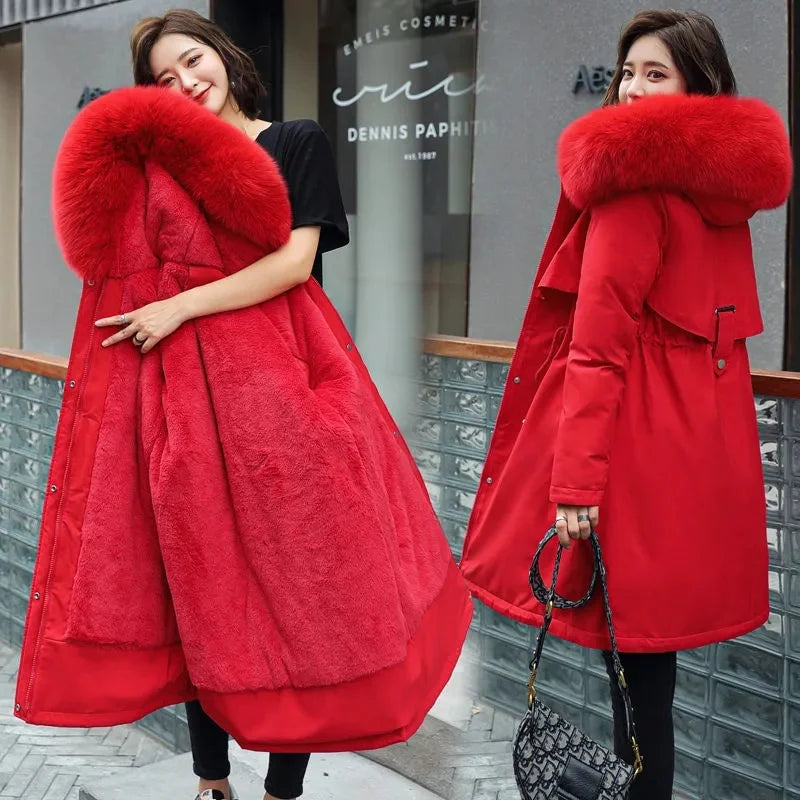 Women Winter Parka – Hooded Fur Collar Thick Warm Long Coat