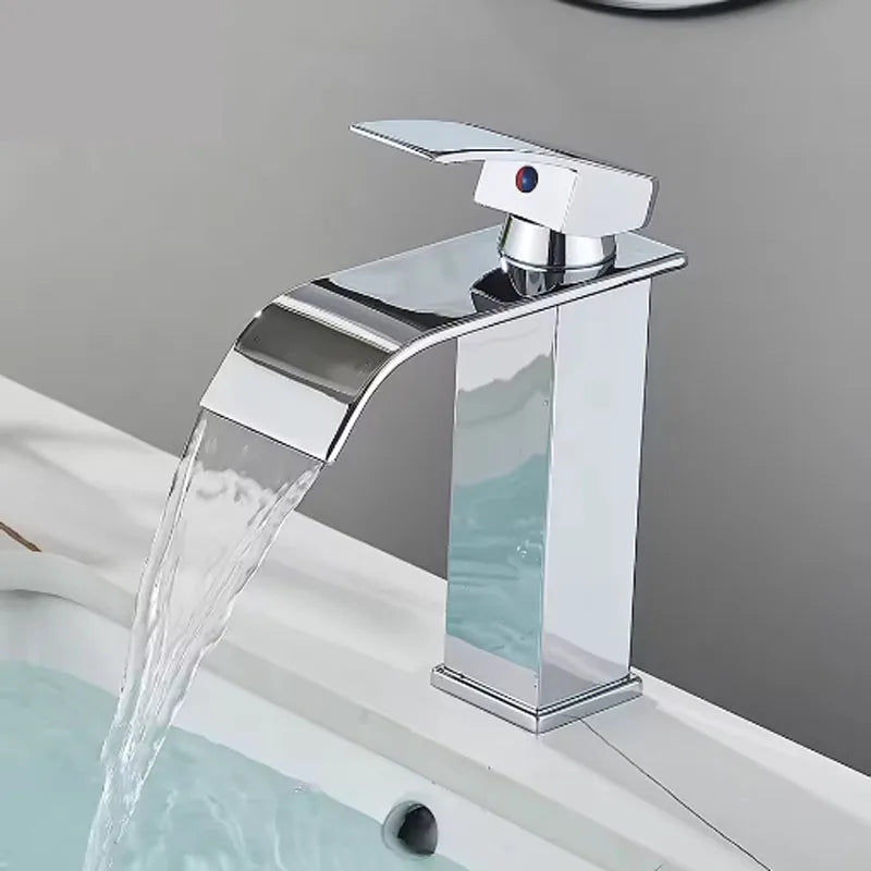 Brushed Gold Waterfall Bathroom Faucet - Single Lever Deck-Mount Basin Mixer, Single Hole, Stainless Steel Ceramic Valve