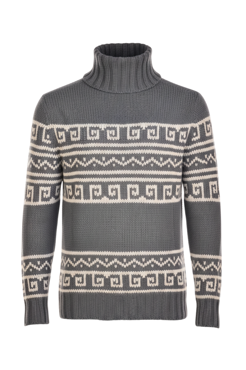 Manrico Cashmere Tribal Pattered Turtleneck Thick Knit Sweater