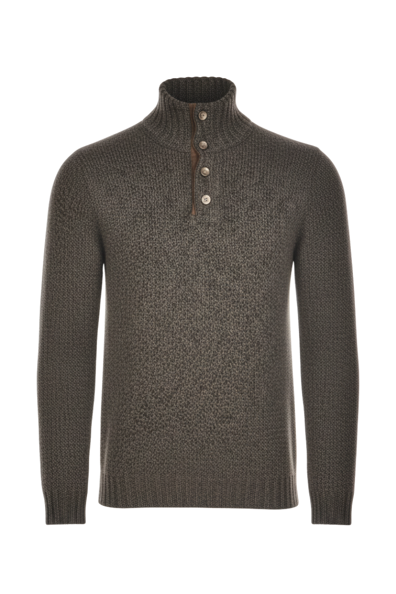 Fedeli Wool-Cashmere Marled Turtleneck Knit Quarter Button Up Sweater