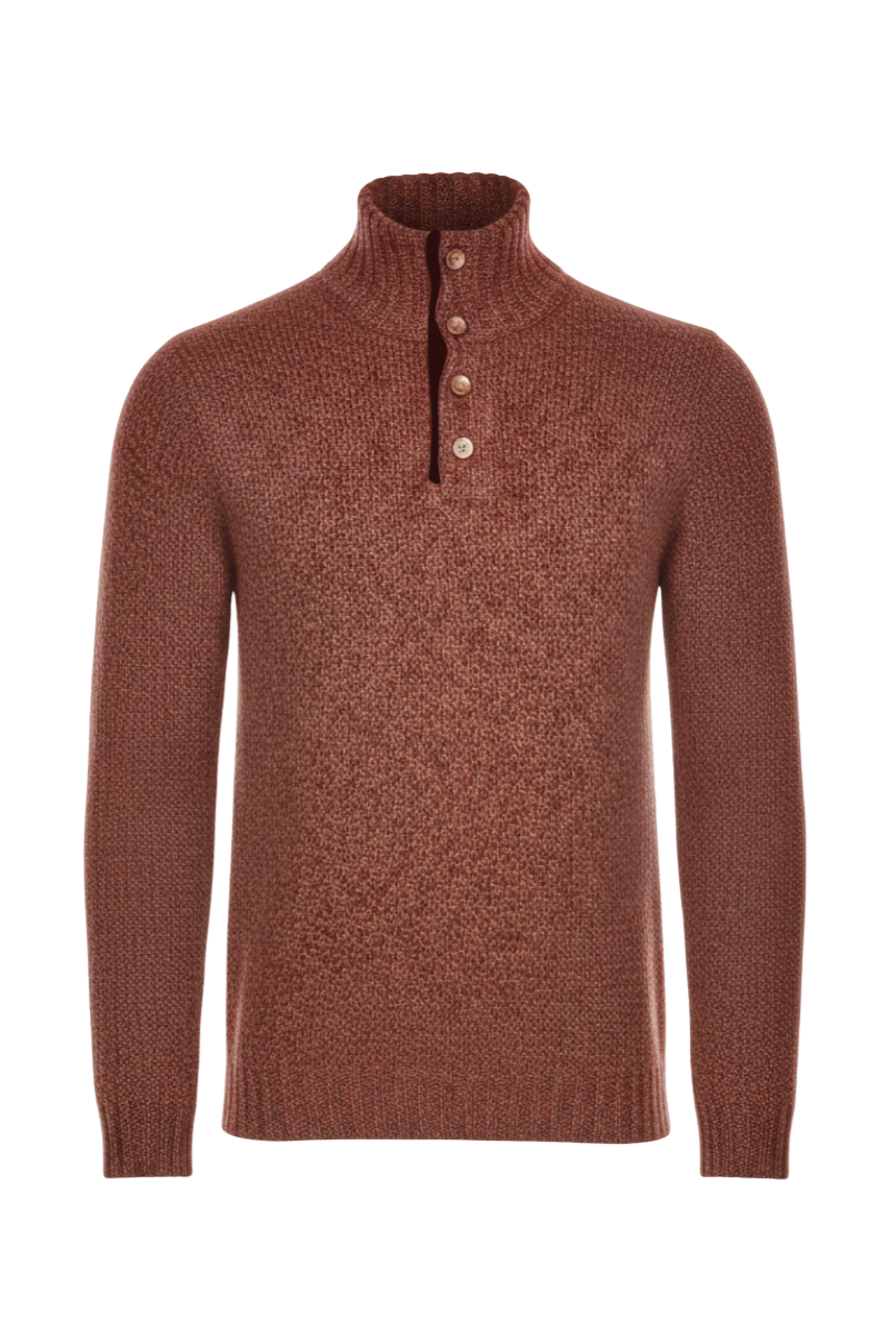 Fedeli Wool-Cashmere Marled Turtleneck Knit Quarter Button Up Sweater