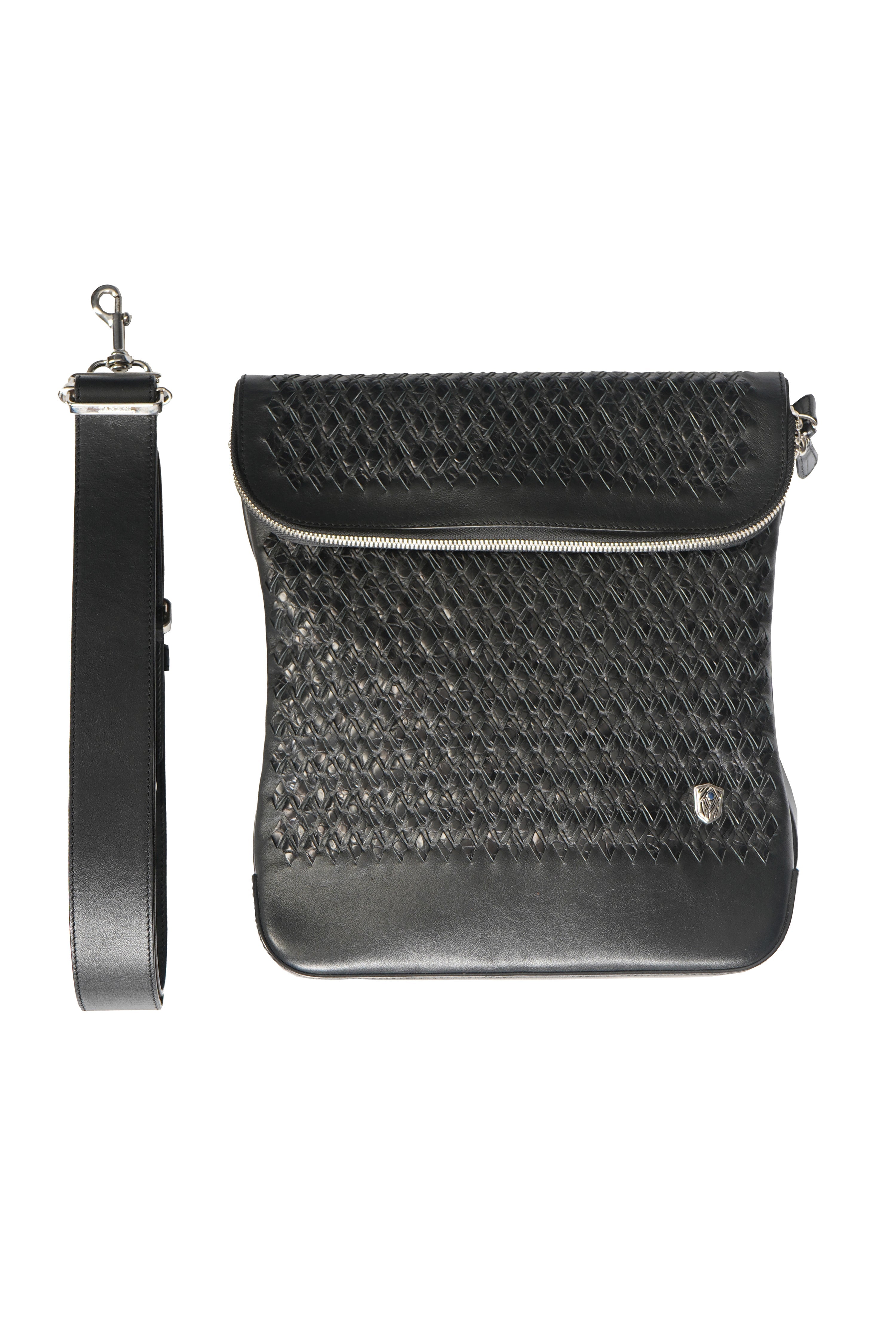 Tardini Woven Full-Grain Calfskin-Alligator Leather Messenger Bag