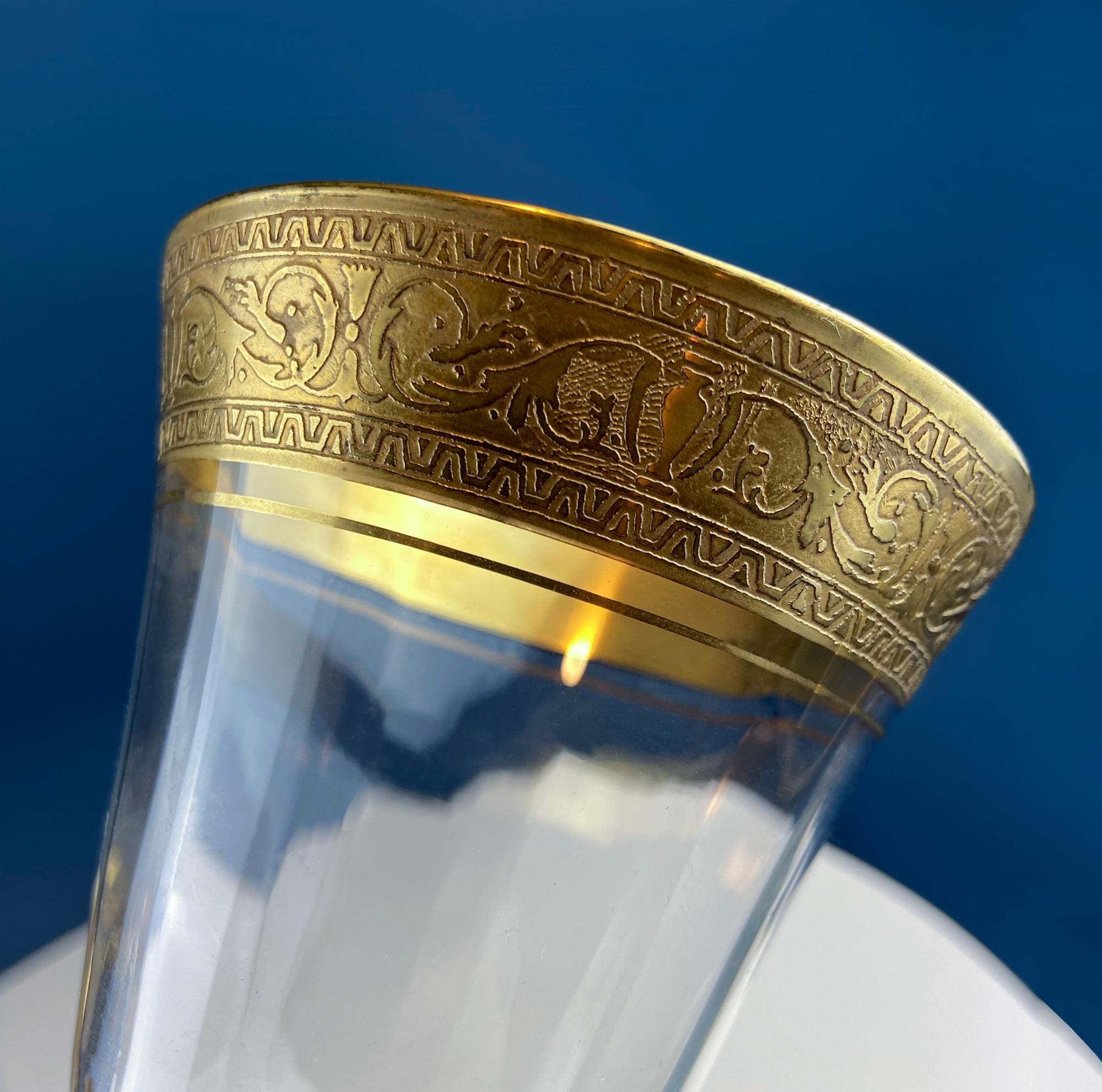 Antique Tiffin Franciscan Wine Goblets with Embossed Gold Rims. Set of 5 Faceted Mid Century Stemware. 24K Gold. Dining Room Decor. Gift for Him Her