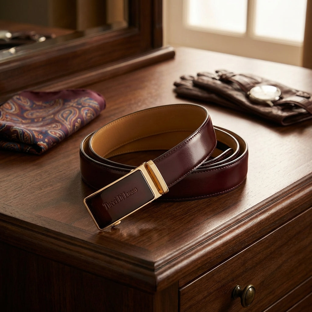 Burgundy Italian Leather Ratchet Belt for Men – Handmade Luxury Smart Belt