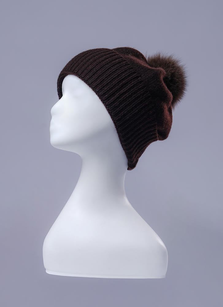 Erdenet: Slouch Pom Hat- 100% Mongolian Cashmere and Real Rabbit Fur