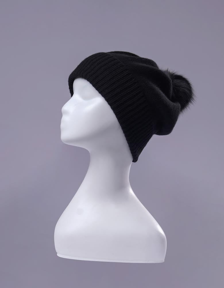 Erdenet: Slouch Pom Hat- 100% Mongolian Cashmere and Real Rabbit Fur