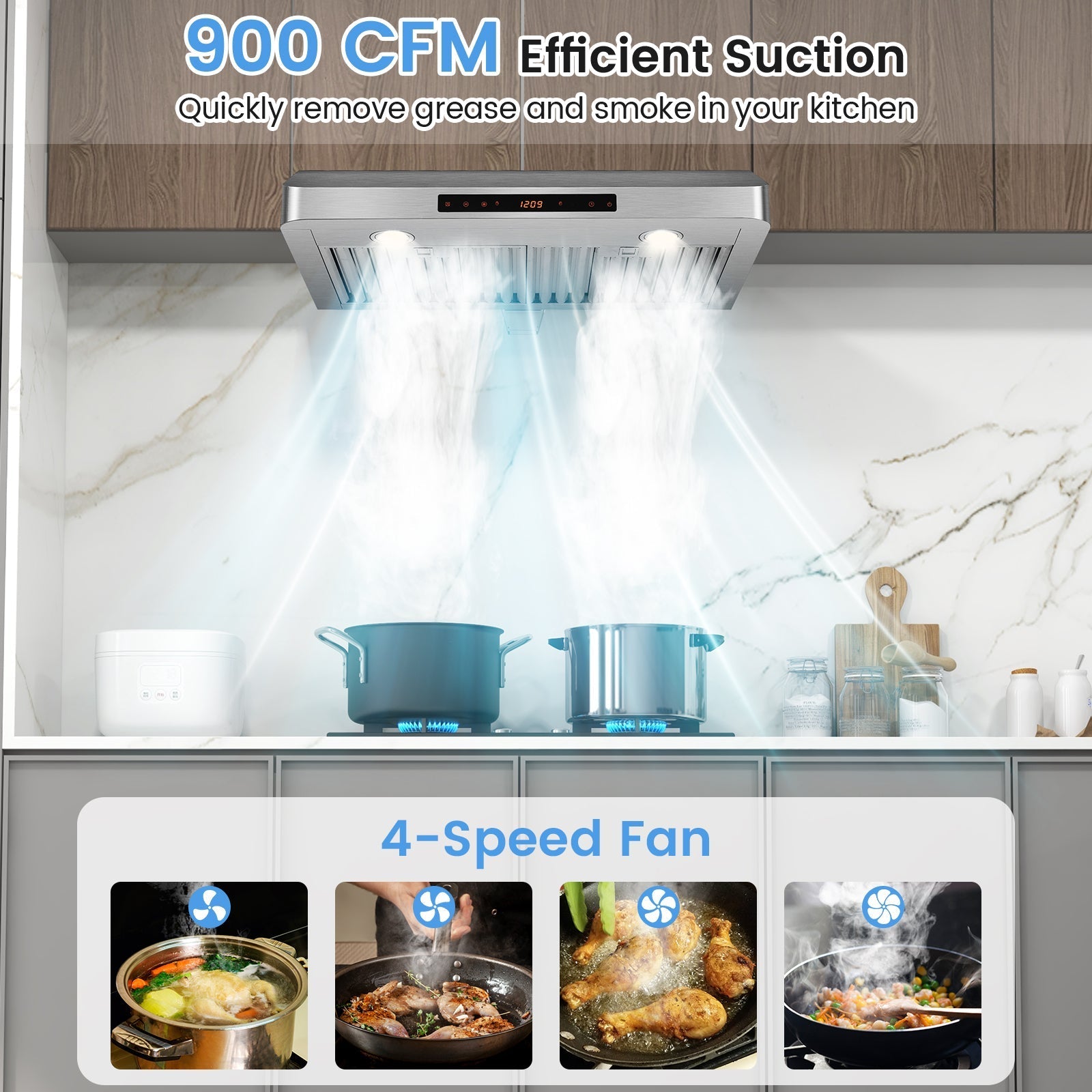 35.5/29.5 Inch Under Cabinet Range Hood 900 CFM Kitchen Vent with 4 Fan Speed