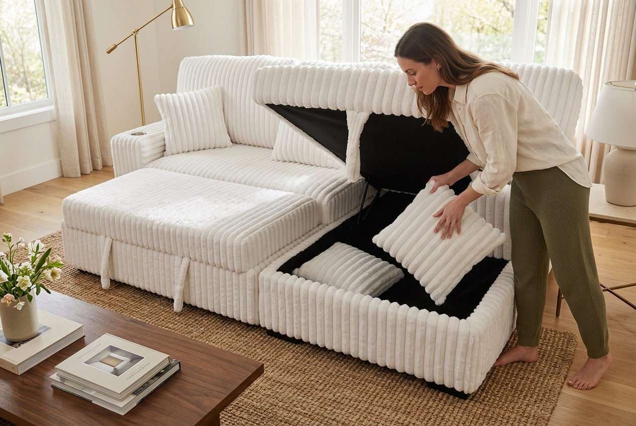 Venice Ivory Corduroy Storage Sleeper Sectional w/ Dual Cupholders & USB Ports