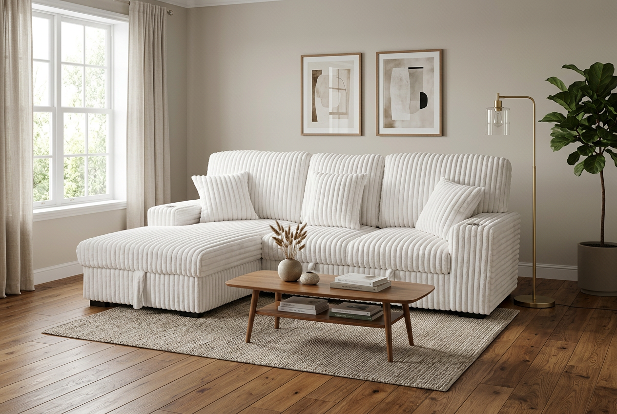 Venice Ivory Corduroy Storage Sleeper Sectional w/ Dual Cupholders & USB Ports