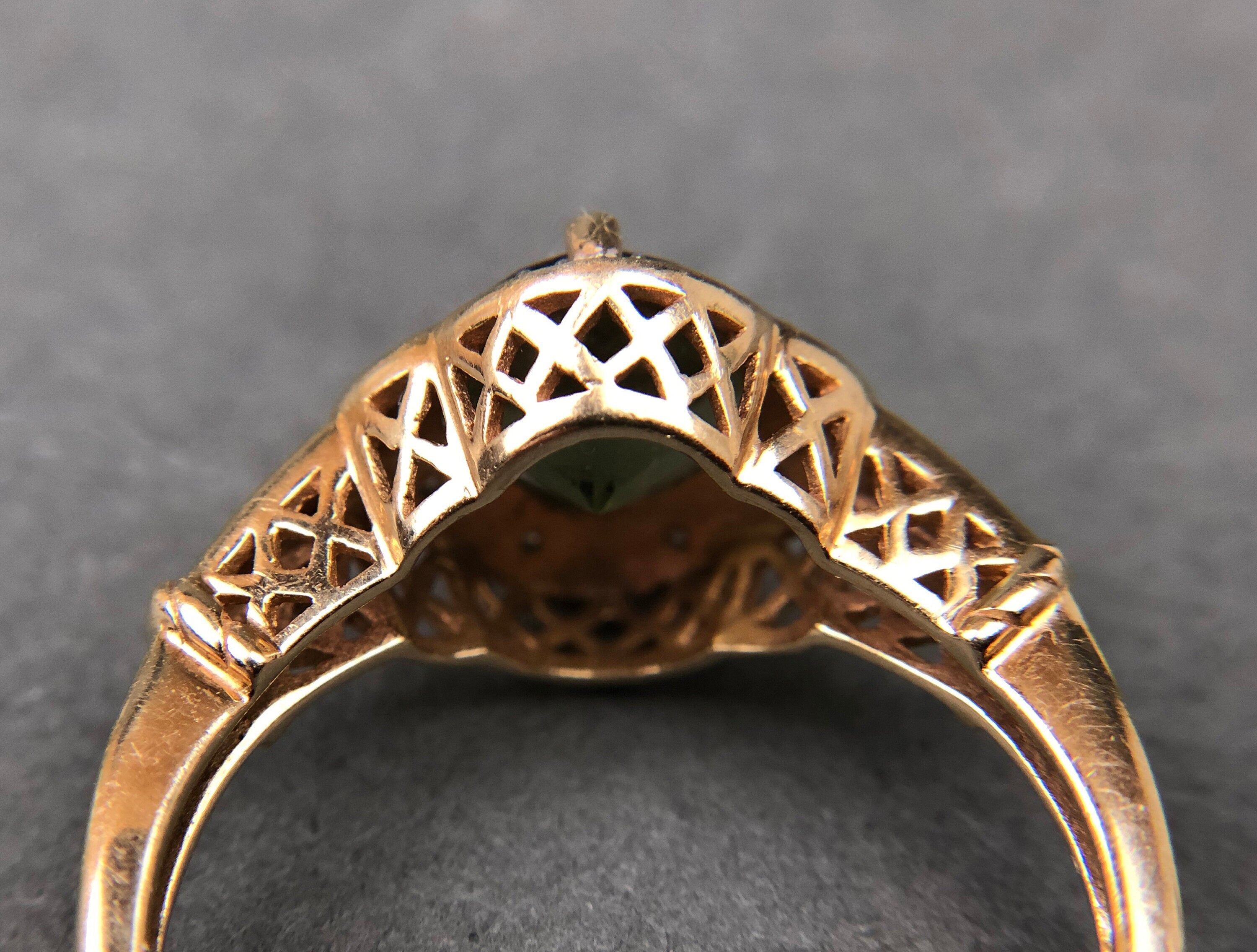 Vintage 10k Gold Ring with Natural Green Peridot and Diamond Halo. Gift for Her.