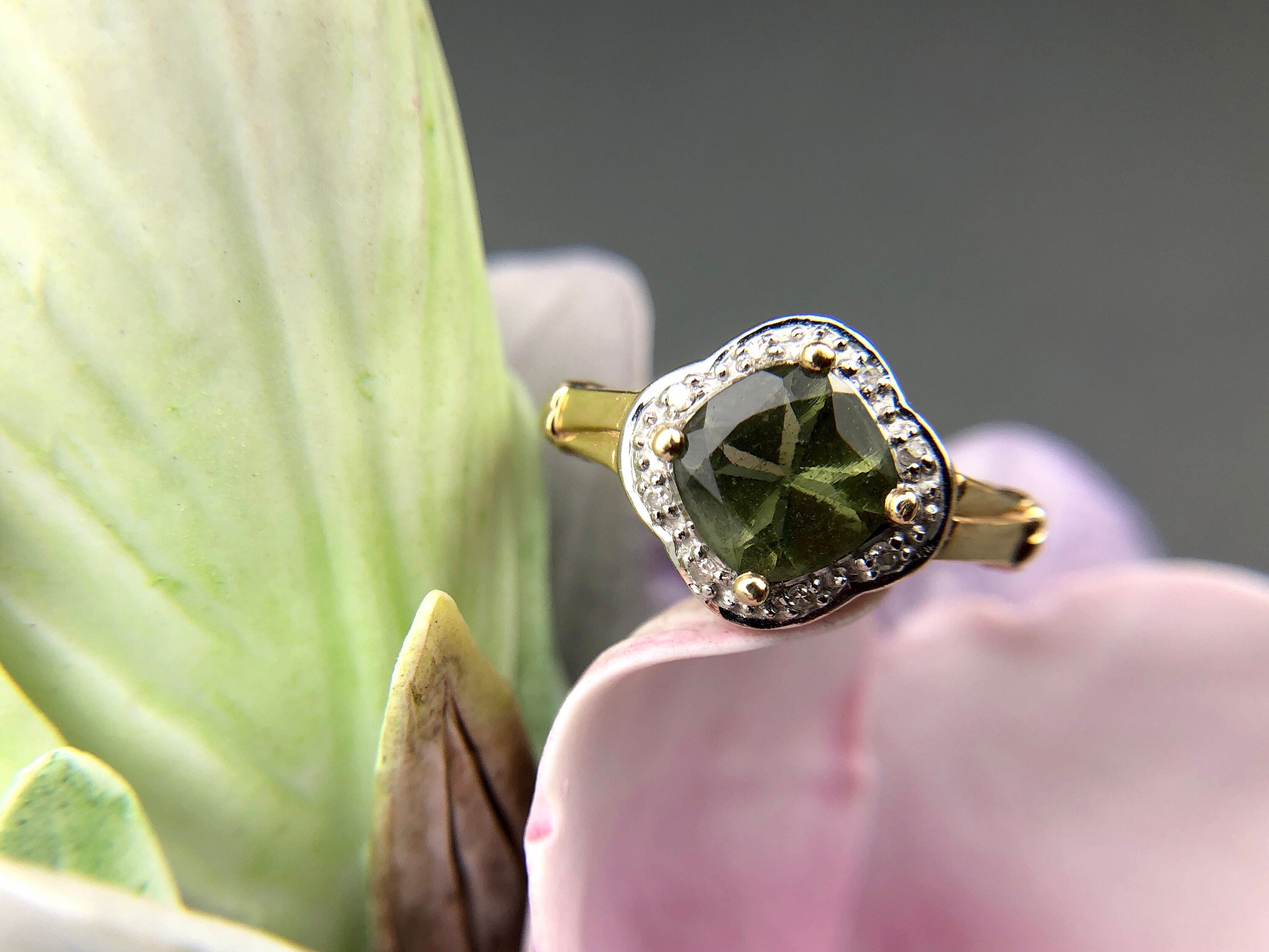Vintage 10k Gold Ring with Natural Green Peridot and Diamond Halo. Gift for Her.