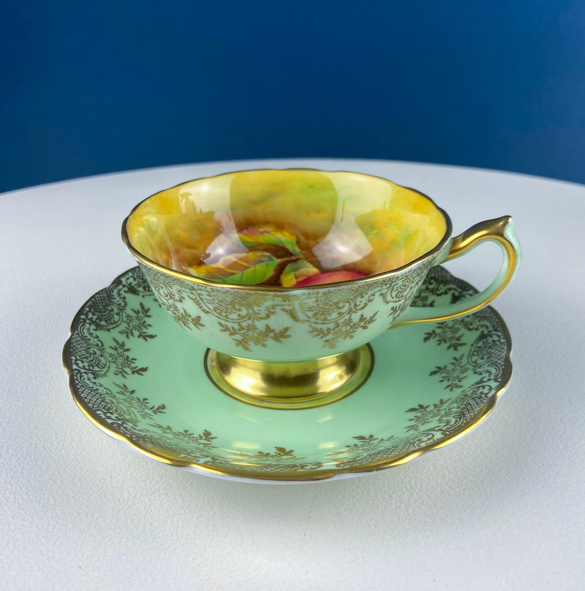 Vintage Mint Green and Gold Tea Cup & Saucer with Fruit Motif. Paragon Fine Bone China. Peaches, Plums, Berries. Gift for Him Her Tea Lover.
