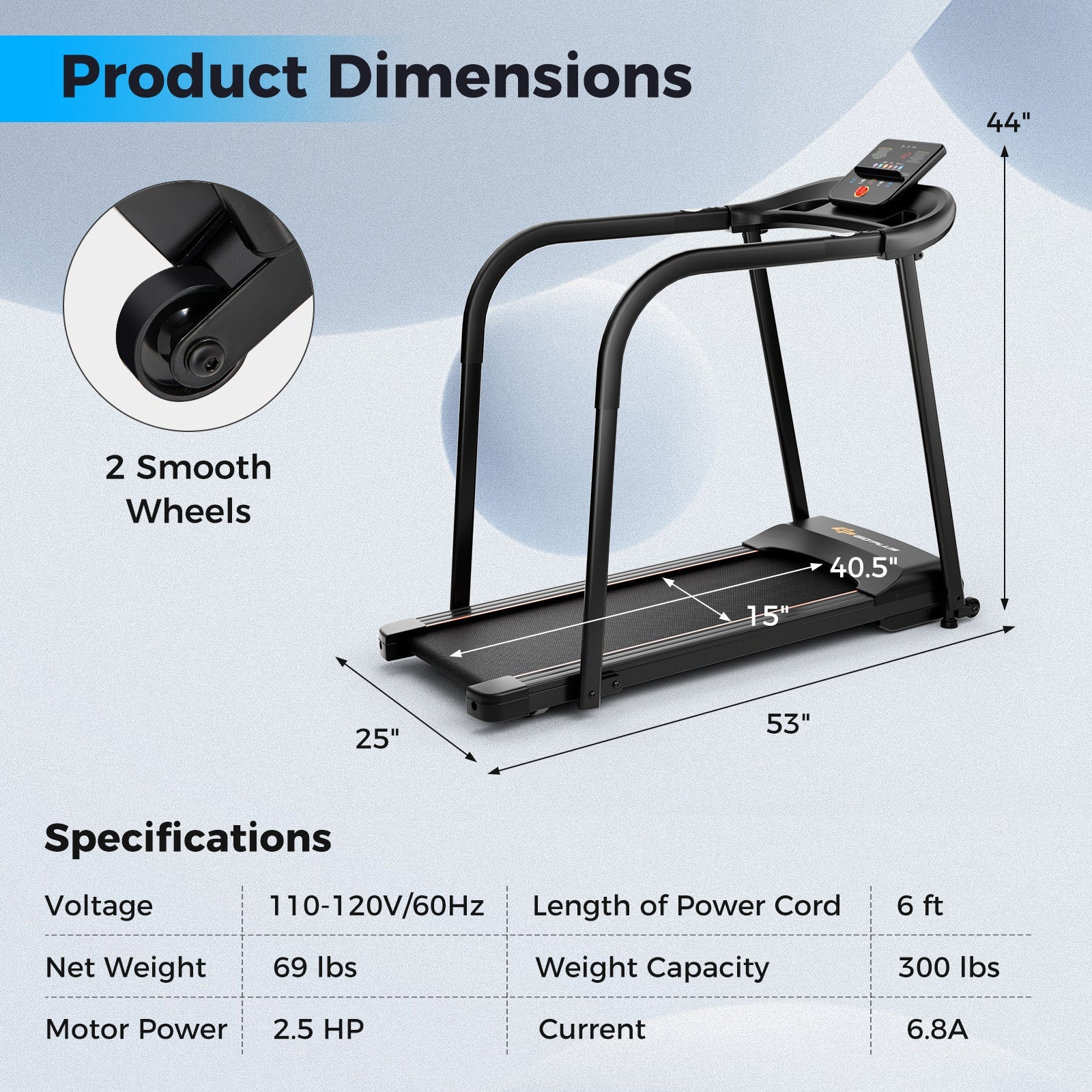 2.5 HP Walking Treadmill with Long Handrails for Seniors-Black