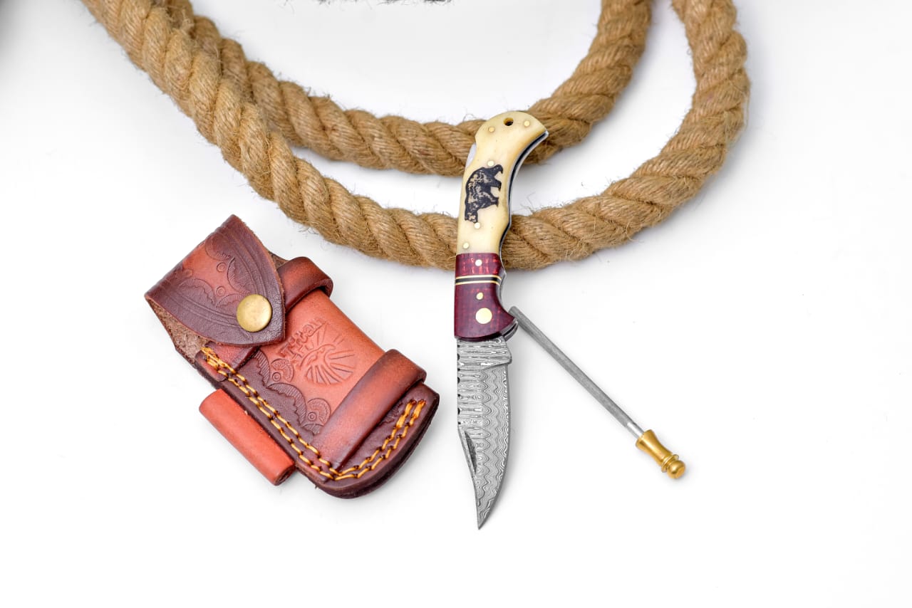 Bear Engraved Damascus Folding Knife with Leather Sheath - TF-089