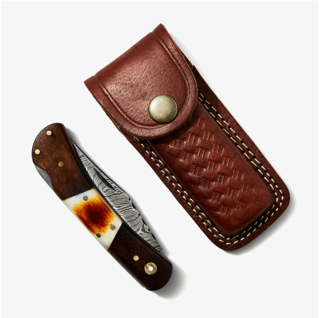 Walnut & Torched Bone Damascus Pocket Knife - TF-092