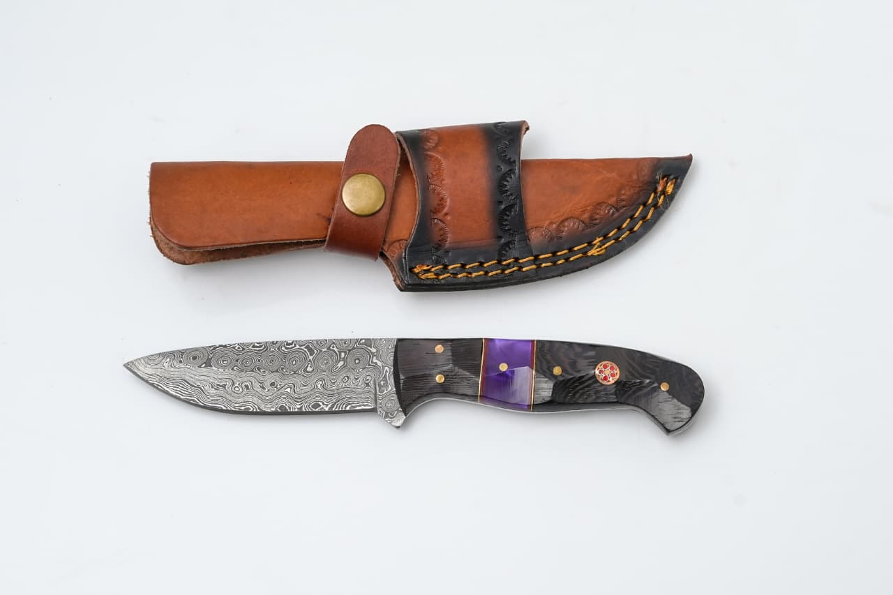 Damascus Steel Fixed Blade Knife with Wenge Wood & Purple Resin Handle - TK-419
