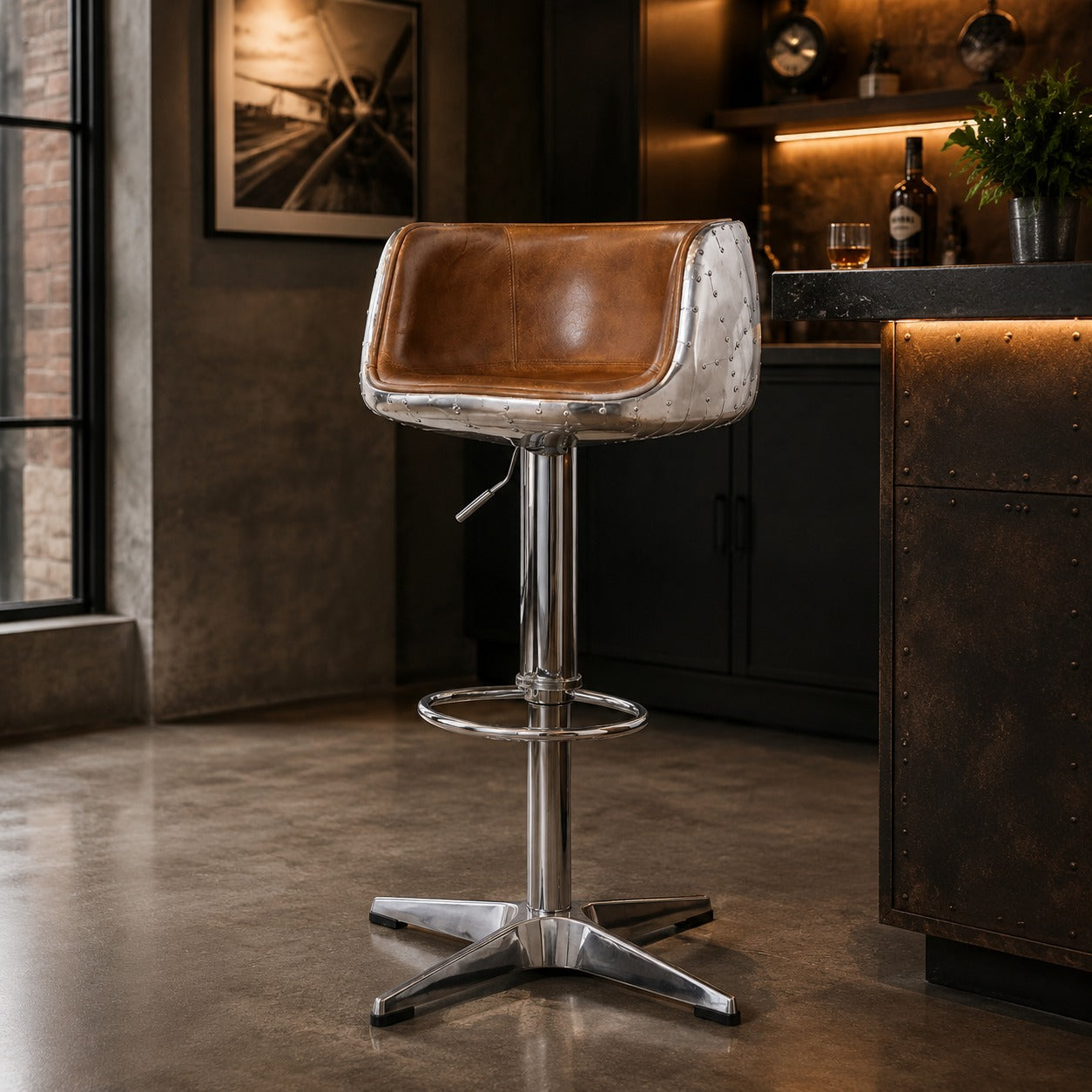 Aviator Adjustable Height Bar Stool - Light Brown Leather