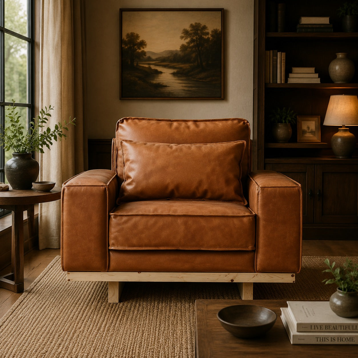 Wainscot Top Grain Leather Arm Chair - Light Chestnut