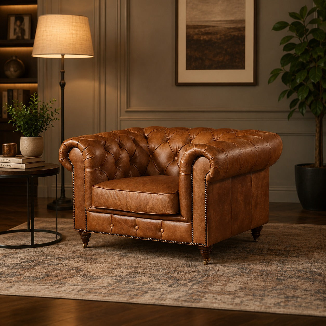Century Chesterfield Arm Chair - Light Brown Leather