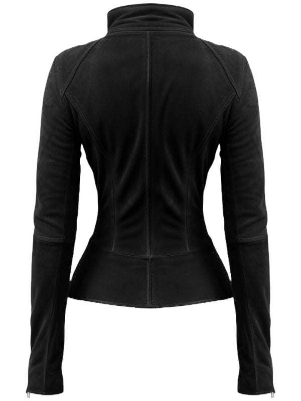 Women Slim Fit Black Suede Leather Jacket