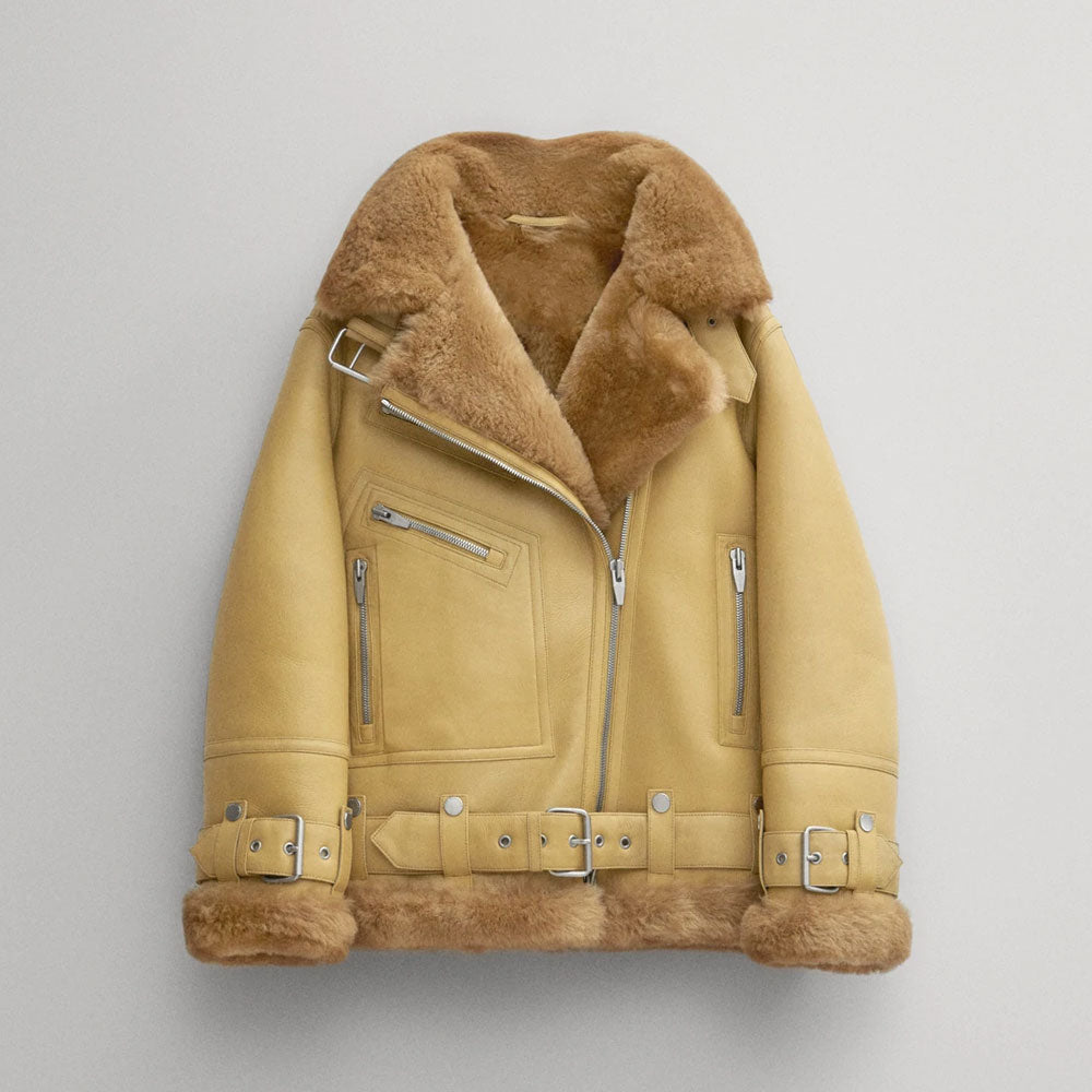 Women Light Brown RAF Aviator Styled Sheepskin Shearling Leather Jacket