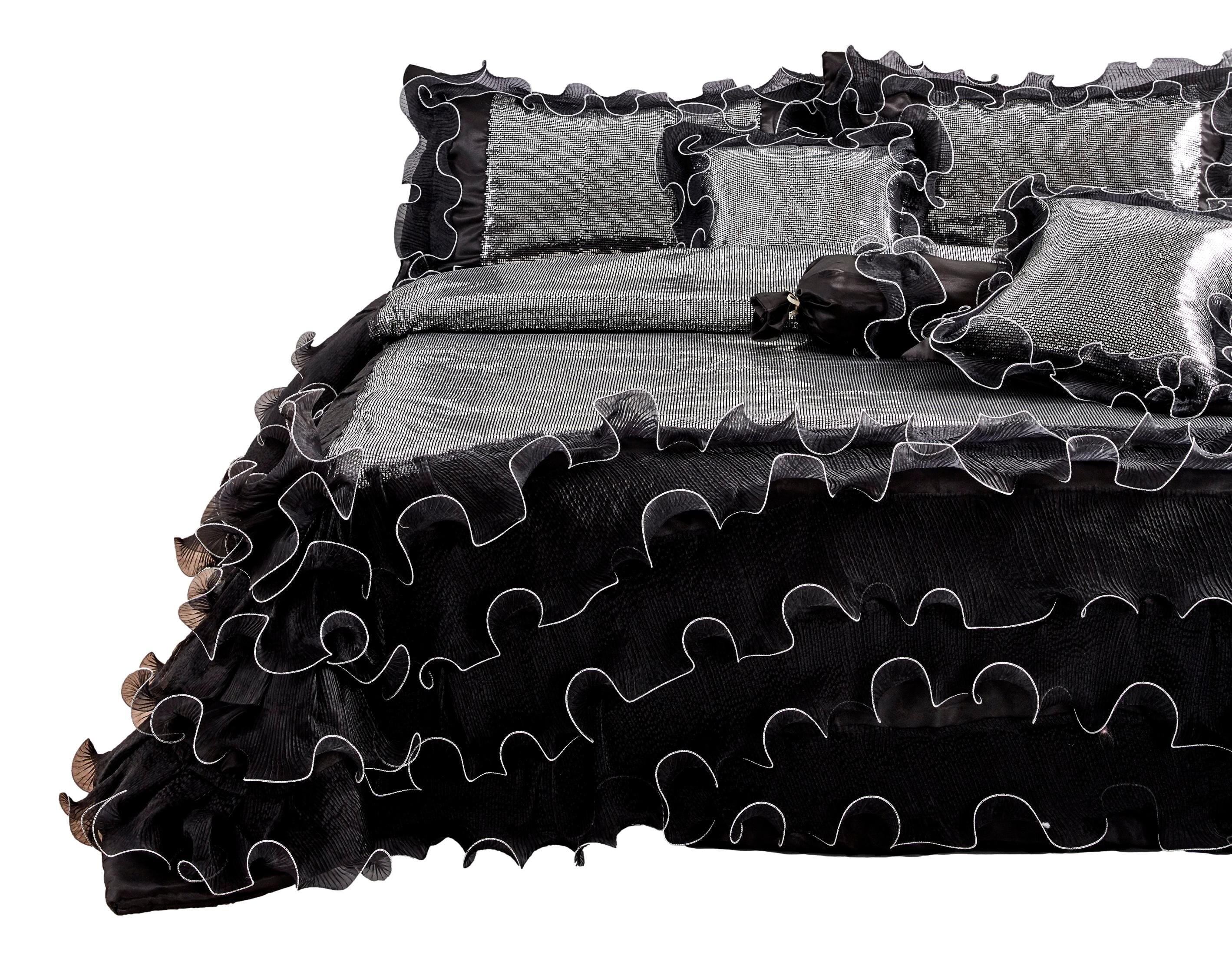 Tache Luxurious Glam Night Out Silver Sequin Black Organza Ruffle 6pc Comforter Set (1622)