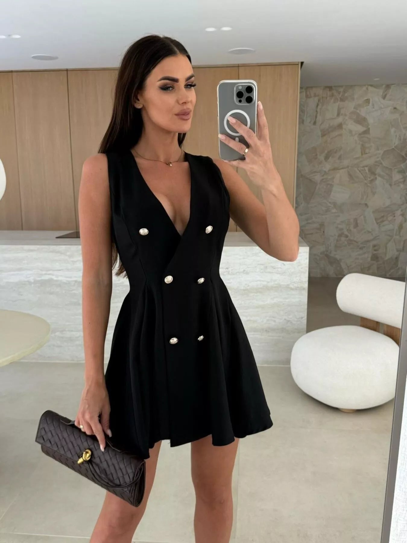 Double-Breasted V-Neck Mini Dress
