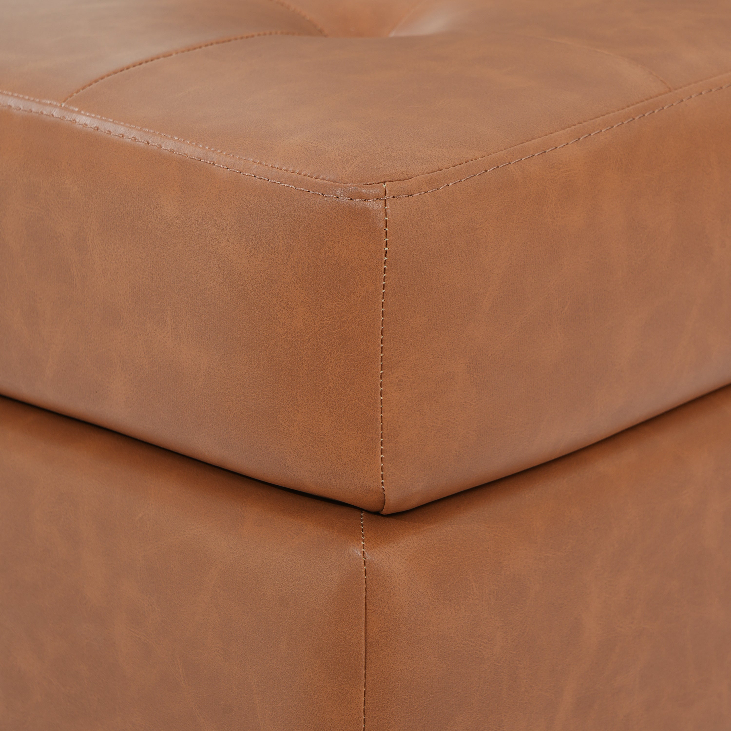 Upholstered PU Leather Ottoman, Solid Wooden Legs