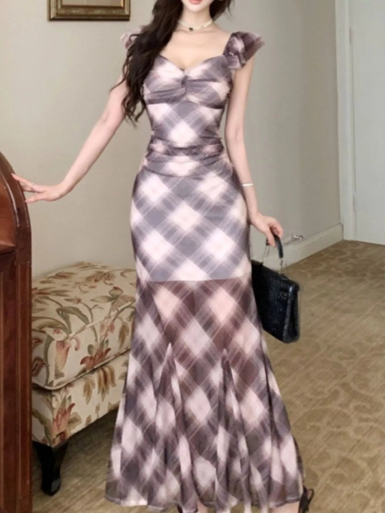 Plaid Ruffle Cap Sleeve Bodycon Maxi Dress