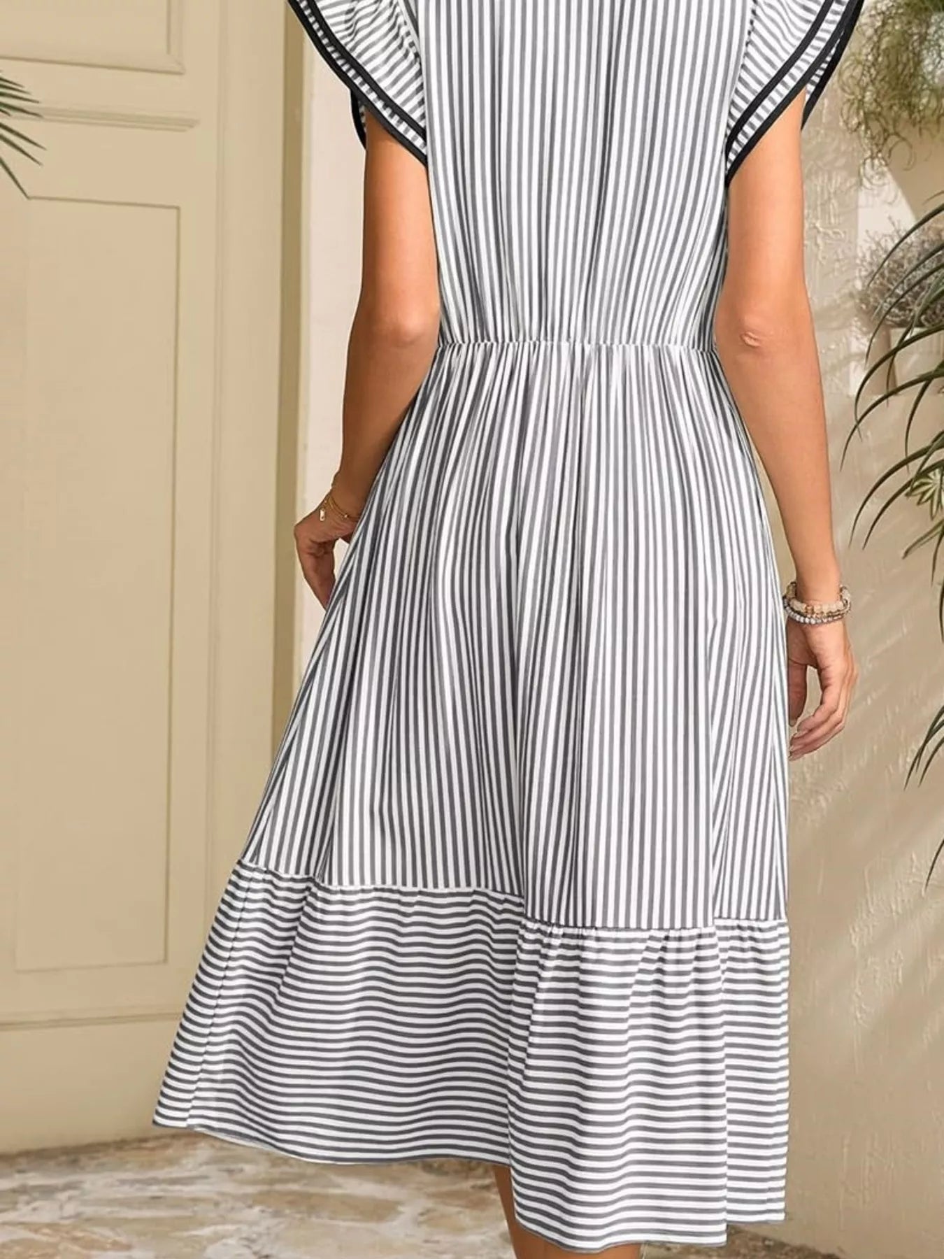 Striped Notched Ruffle Sleeve Dress