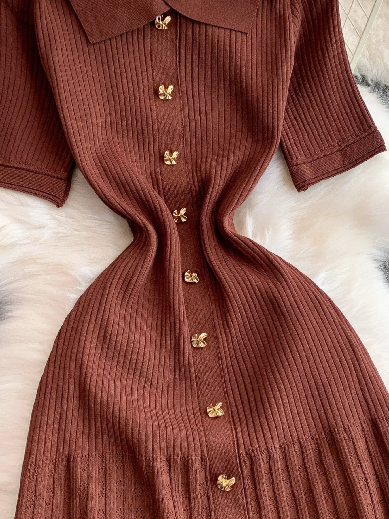 Button Front Ribbed Knit Midi Dress