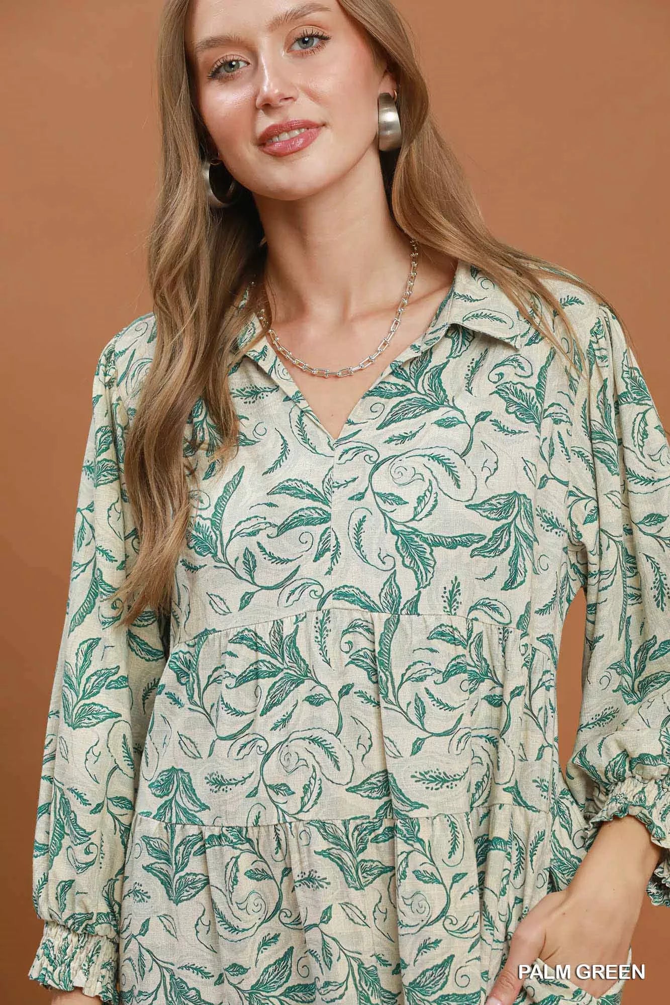 Umgee Linen Botanical Print Tiered Midi Dress