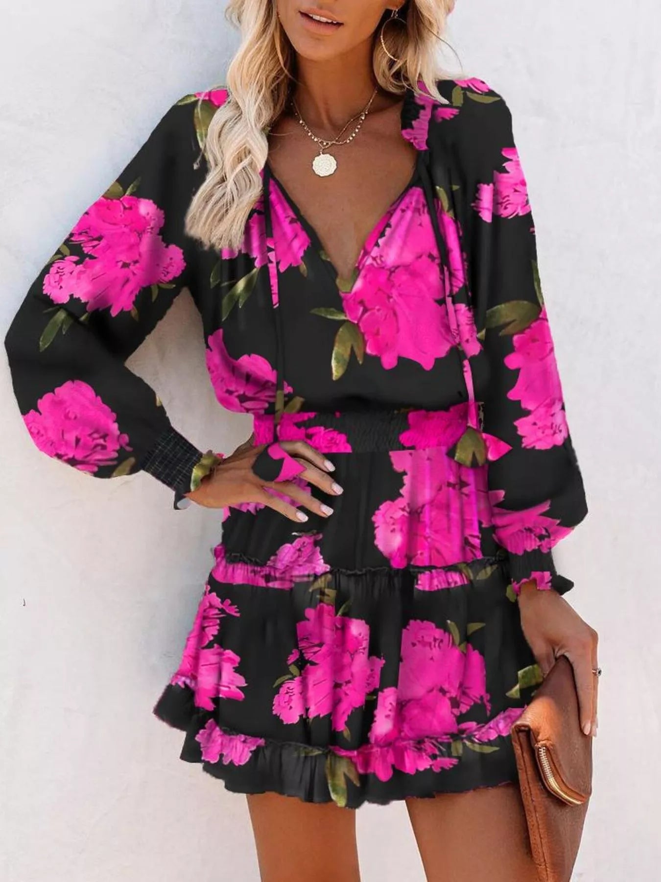 Tie Neck Lantern Sleeve Dress