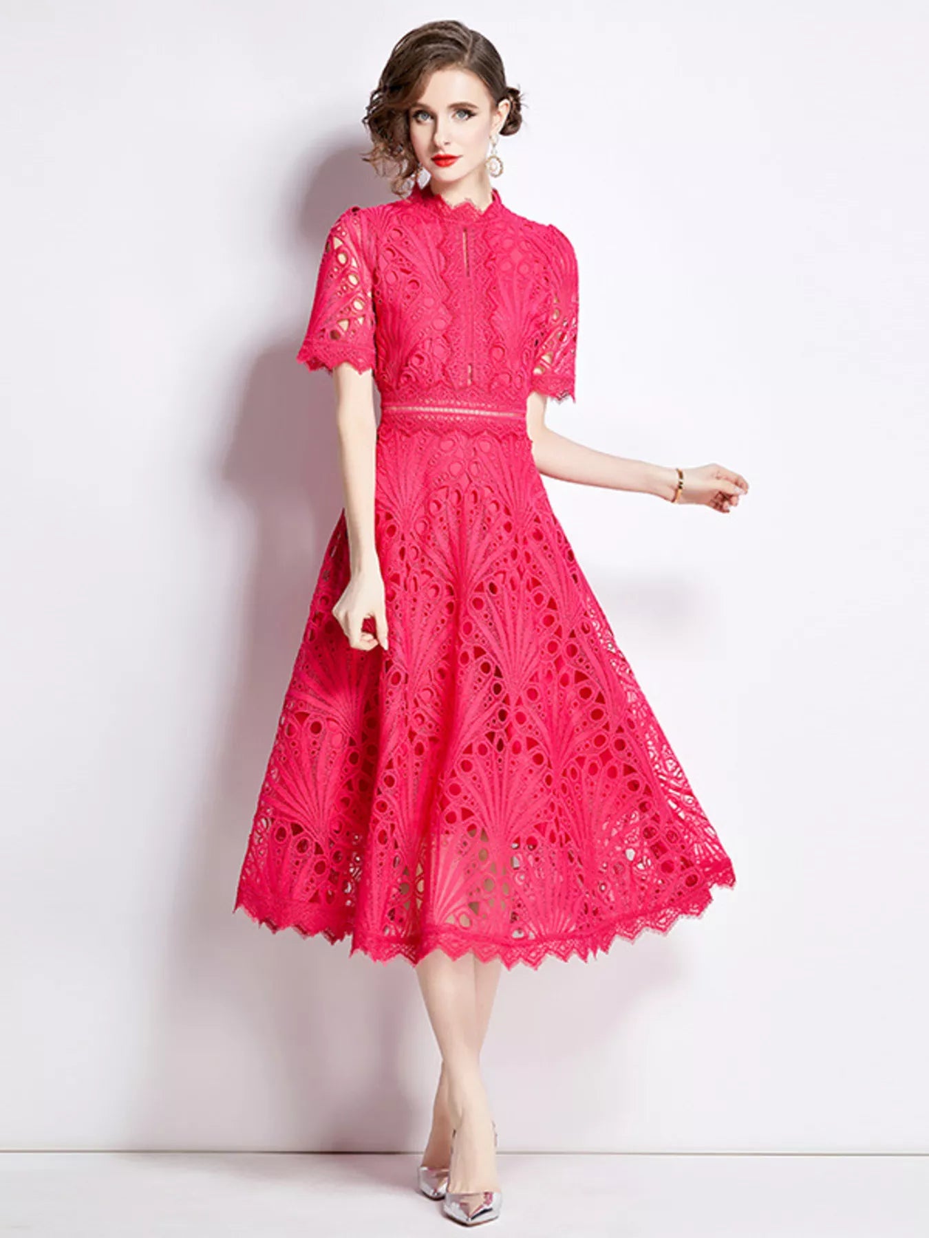 Full Size Lace Short Sleeve Midi Dress Plus Size