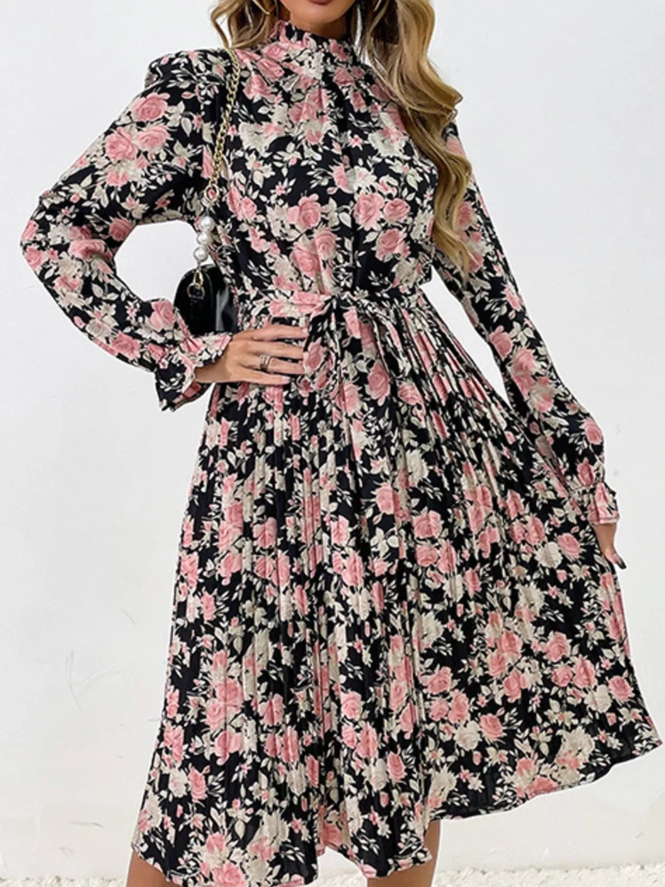 Floral Print Long Sleeve Pleated Midi Dress