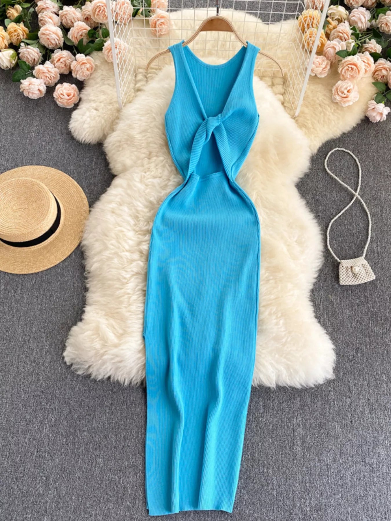 Knot Back Sleeveless Knit Bodycon Midi Dres
