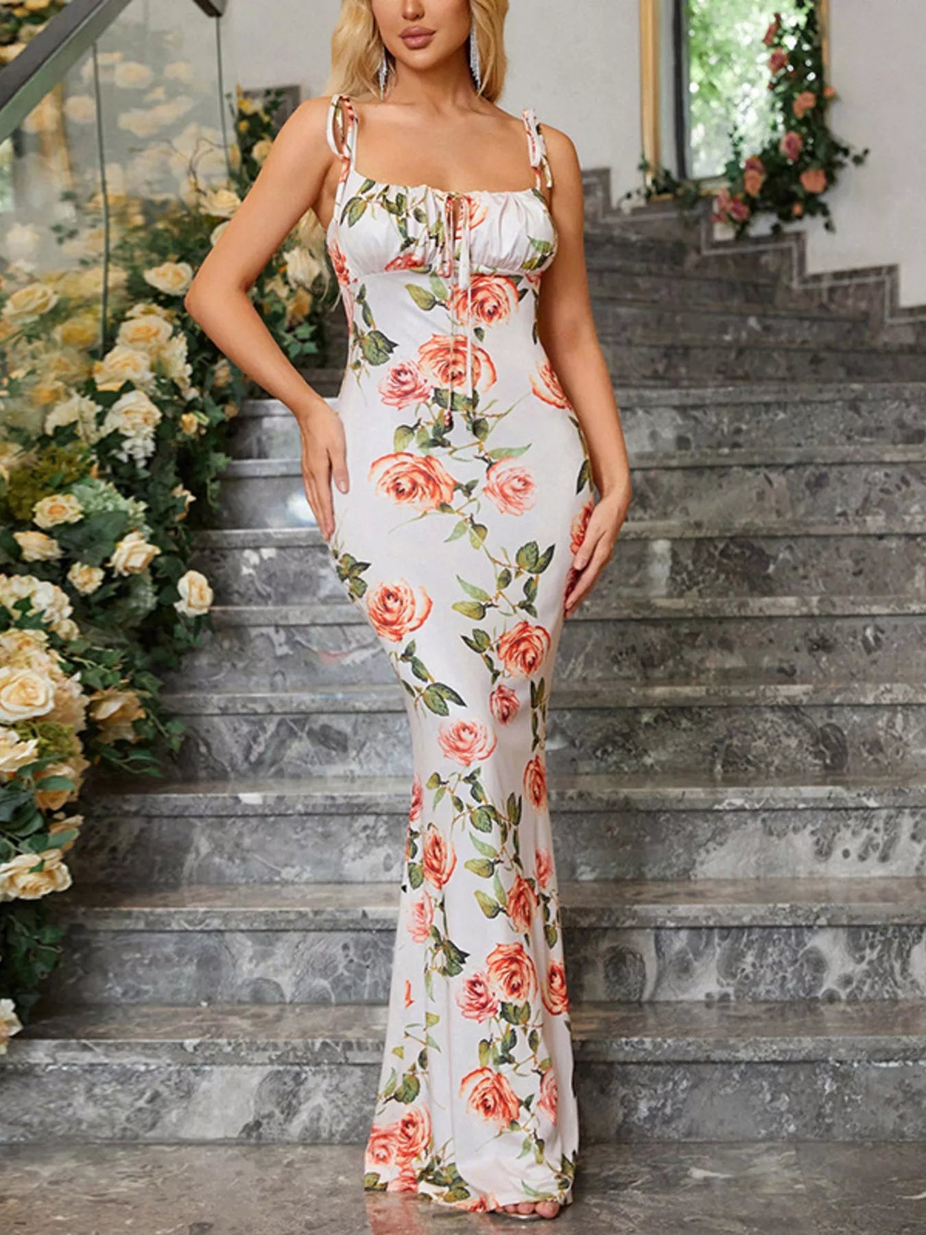 Floral Print Tie Strap Bodycon Maxi Dress