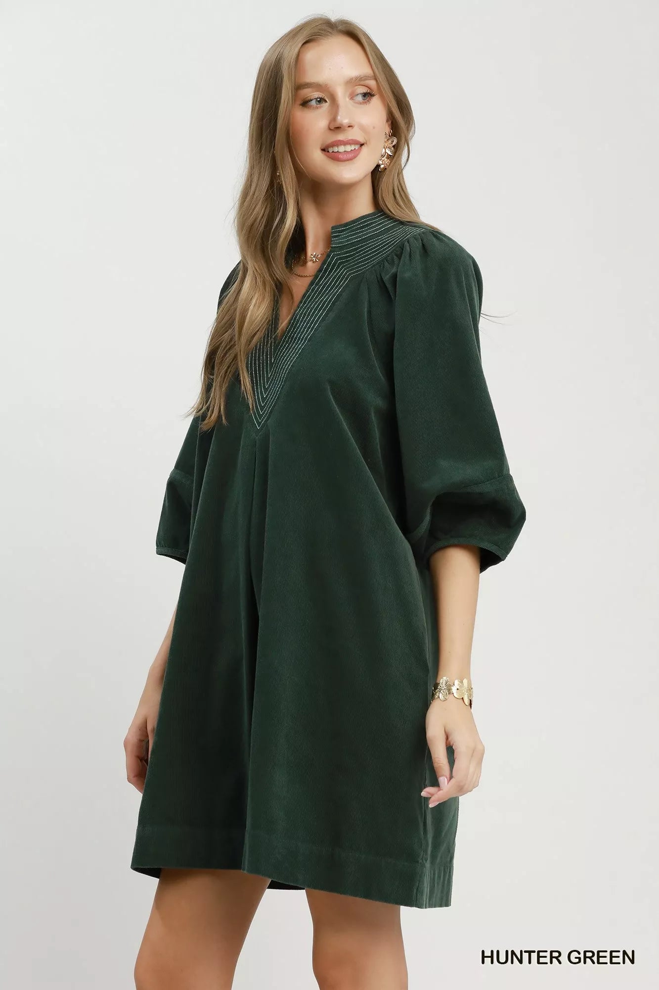 Umgee Corduroy V-Neck Puff Sleeve Shift Dress with Pockets