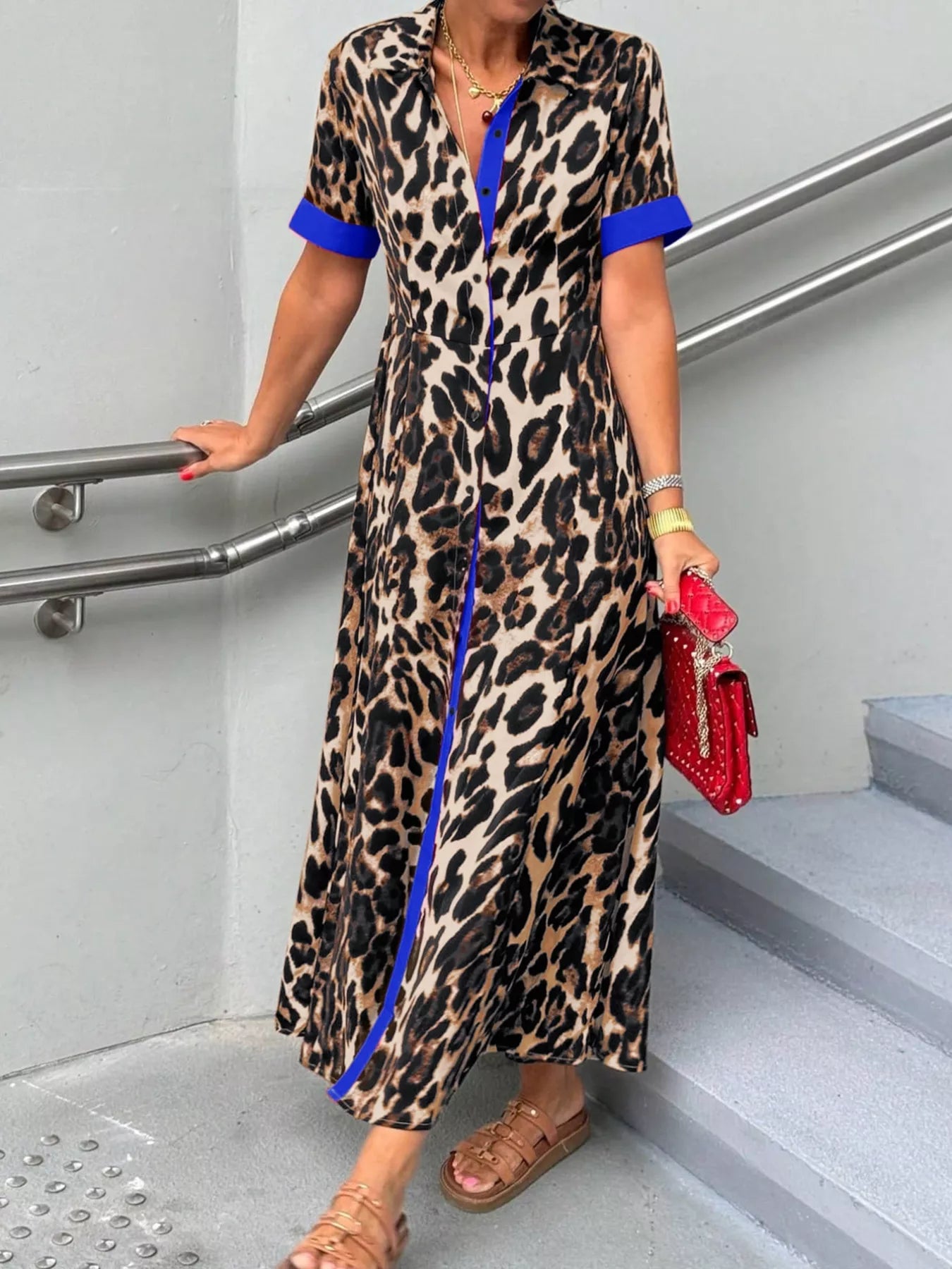 Leopard Print Button-Down Dress with Contrast Trim