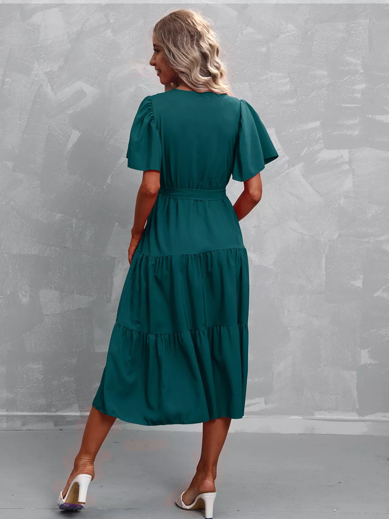 Flutter Sleeve Tiered Midi Dress