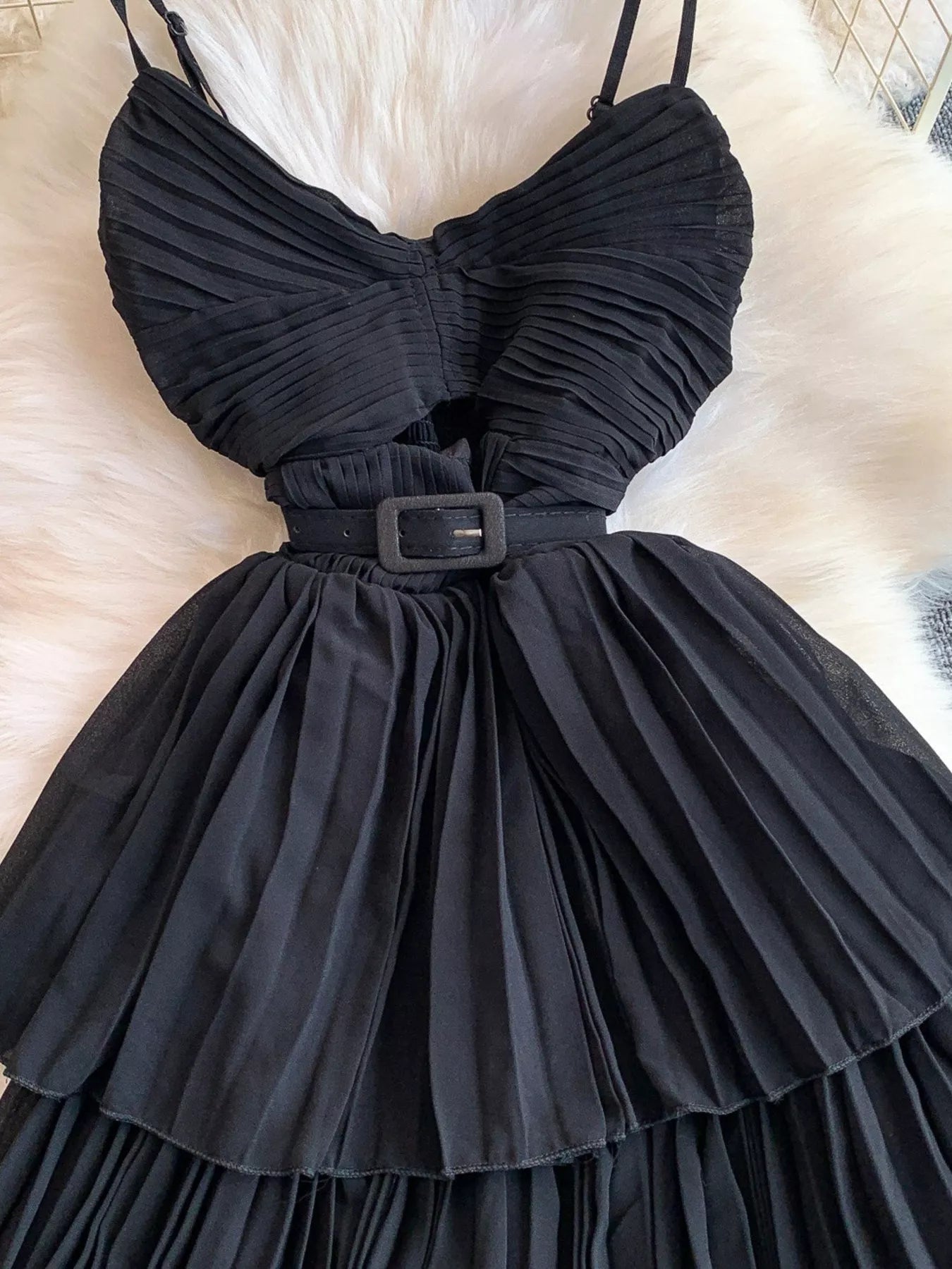 Pleated Layered Spaghetti Strap Midi Dress