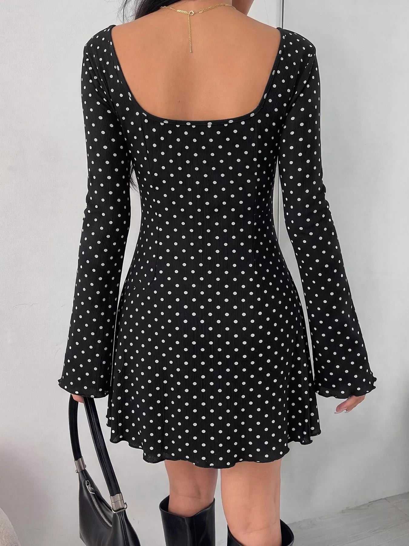 Polka Dot Lace Trimmed V-Neck Mini Dress
