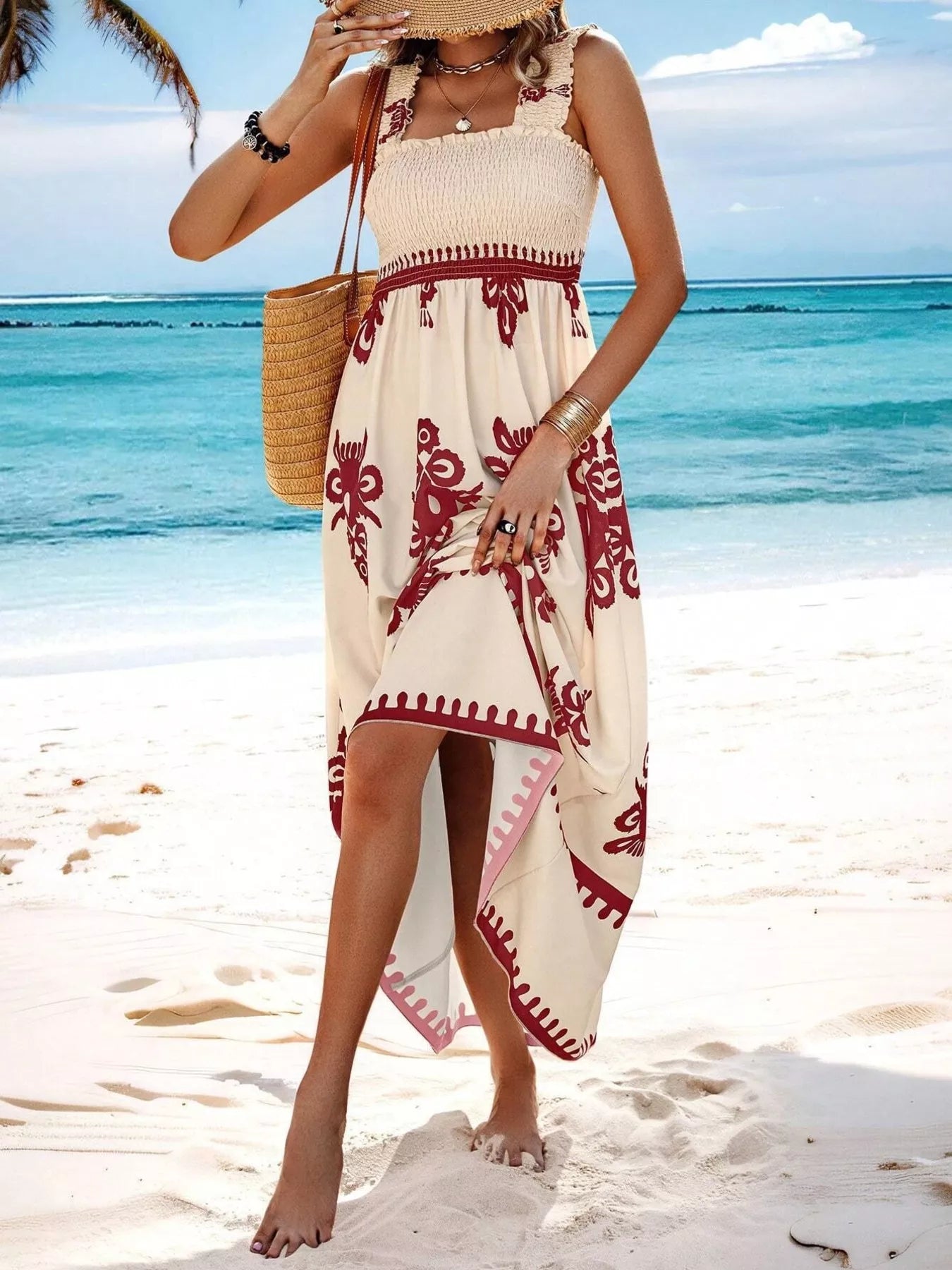 Smocked Printed Square Neck Maxi Dress